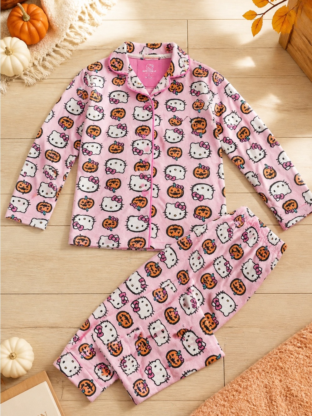 Hello Kitty Halloween Pumpkin Pink Flannel Pajama Set Girls Size 6